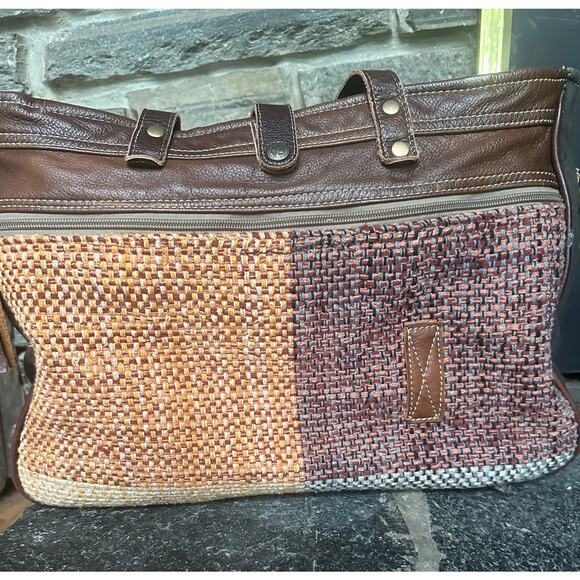 Myra Weekender Bag with Woven Fall Colors Accented with Brown Leather Trim - Picture 1 of 11